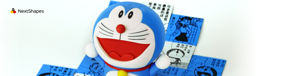 3D printed Doraemon figure made with NextShapes Standard PLA filament, showing smooth surfaces and precise details.