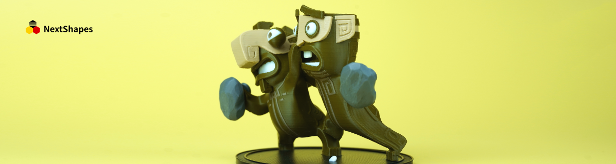 Top view of the two Guardian Beasts figurines from Ne Zha 2, 3D printed with NextShapes Standard PLA filament, showcasing smooth surfaces and detailed features against a bright yellow background.