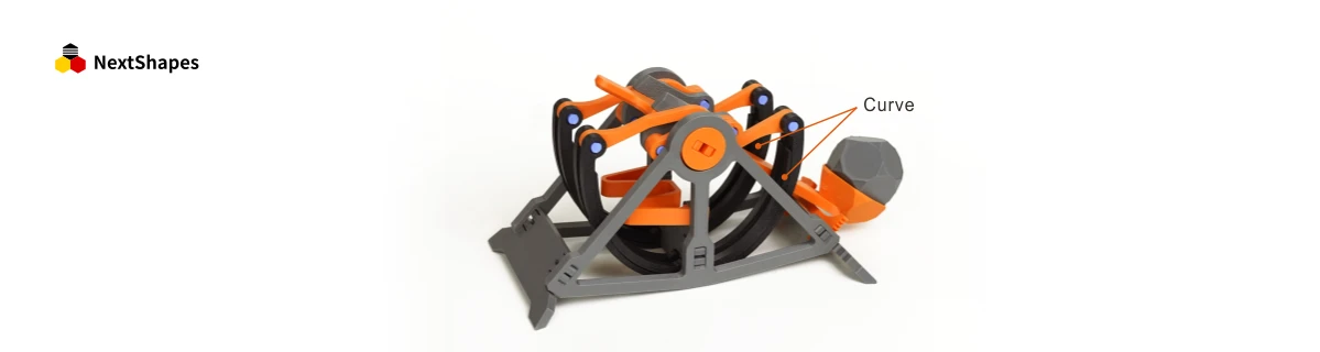Fully 3D printed leaf spring catapult model made with NextShapes Standard PLA filament, highlighting the tough, functional curved spring parts.