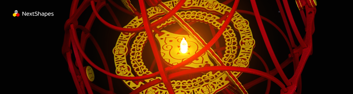 Close-up of a lit 3D printed rolling lantern made with NextShapes Standard PLA filament, showcasing intricate red latticework and golden decorative patterns against a black background.