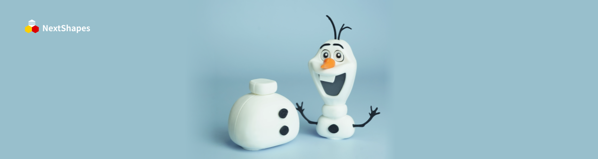 Full view of the 3D printed Olaf figurine from Frozen, made with NextShapes Standard PLA filament, showing the character and its head component against a light blue background.