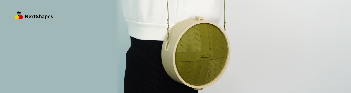 Close-up of a 3D printed steamer-shaped crossbody bag made with NextShapes Standard PLA filament, showing smooth surface finish and precise woven texture details.