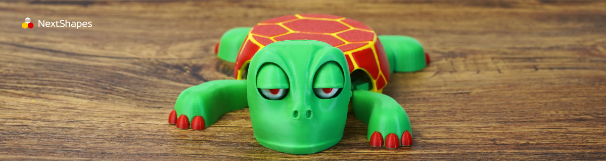 3D printed turtle coaster made with NextShapes Standard PLA, showing smooth surface and vibrant colors.