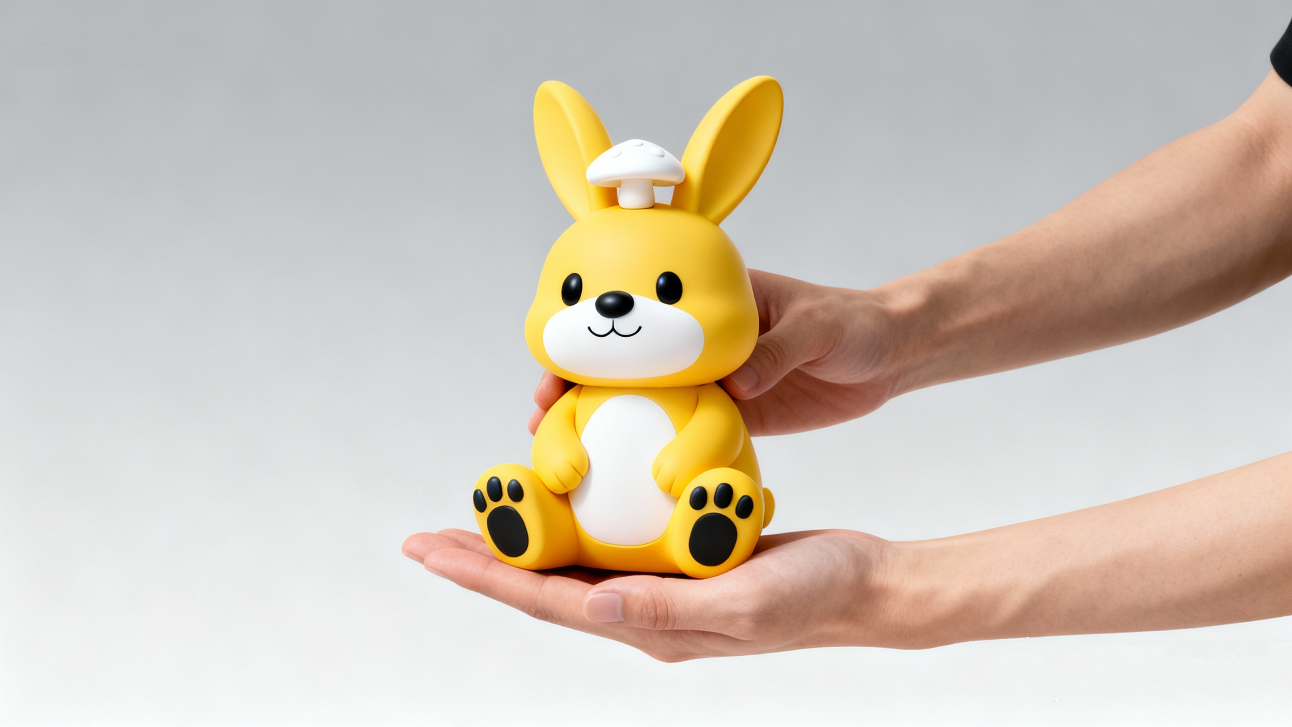Hand holding a fully painted 3D printed yellow rabbit figure made with NextShapes Standard PLA filament, showing durable, high-quality print results