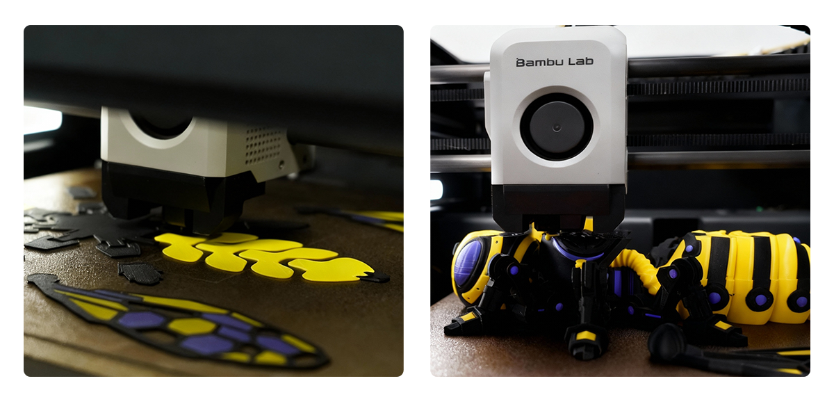 FDM 3D printer extruding bright yellow functional parts made with NextShapes Standard PLA filament, demonstrating clean, low-waste printing