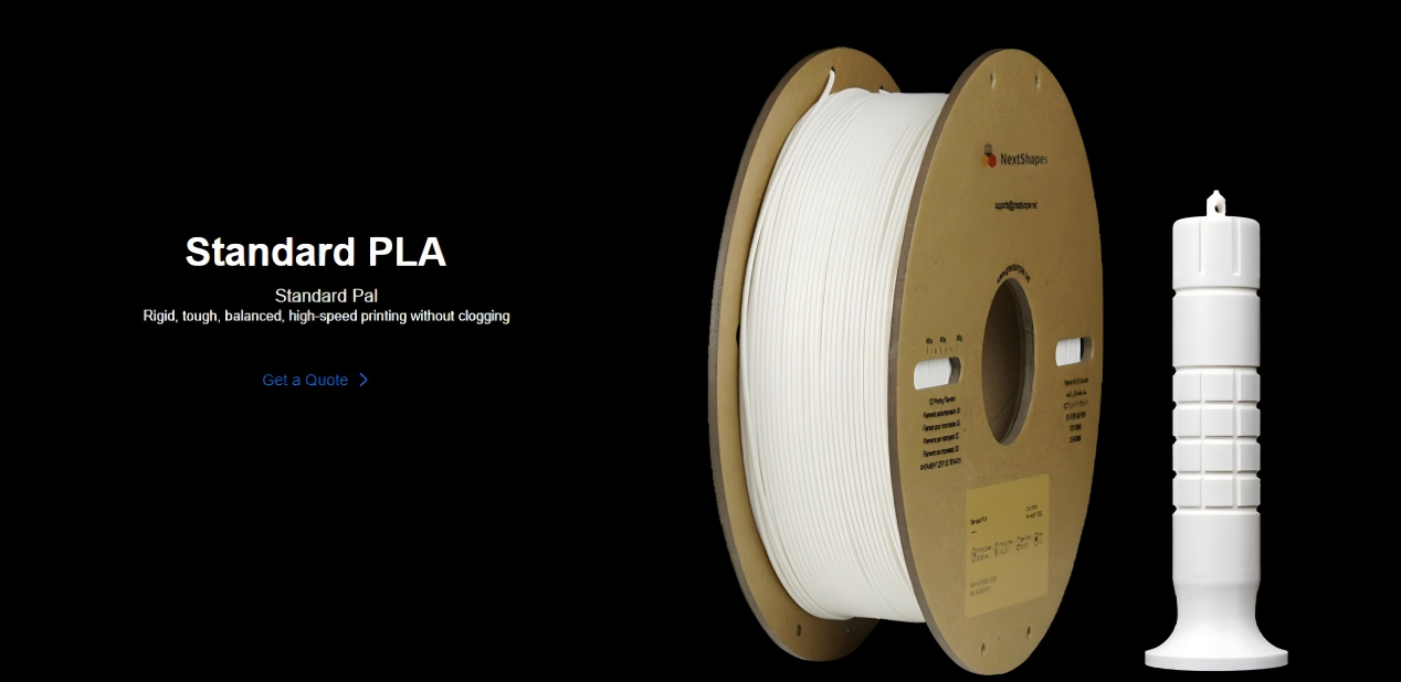 White NextShapes Standard PLA filament spool next to a matte-finish test print, showcasing the filament’s smooth surface quality and dimensional stability