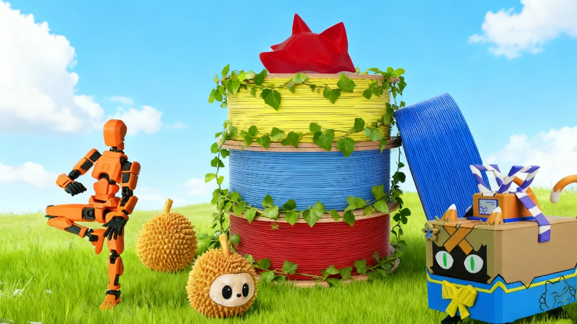 Vibrant illustration of NextShapes Standard PLA filament spools, 3D printed character, and eco-friendly elements, showcasing sustainable 3D printing