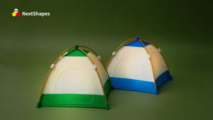 Close-up of lit tent-shaped lamps 3D printed with NextShapes Standard PLA filament, highlighting even light diffusion, smooth texture, and consistent quality.