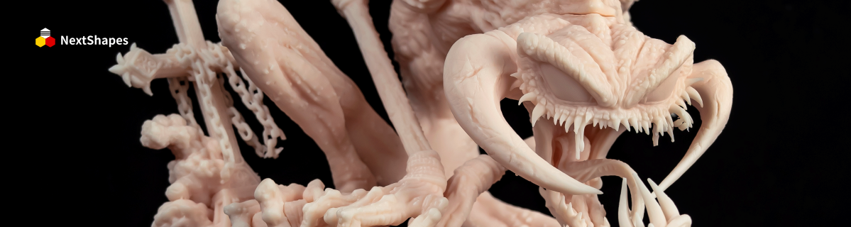High-detail 3D printed demon sculpture made with NextShapes Standard Pro light skin resin, showing sharp textures, rigid parts, and vivid detail reproduction.