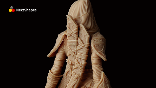 Close-up of a highly detailed fantasy figurine bust, 3D printed with NextShapes Standard Pro rigid resin, showcasing intricate armor textures, fabric folds, and smooth surface finish against a black background.
