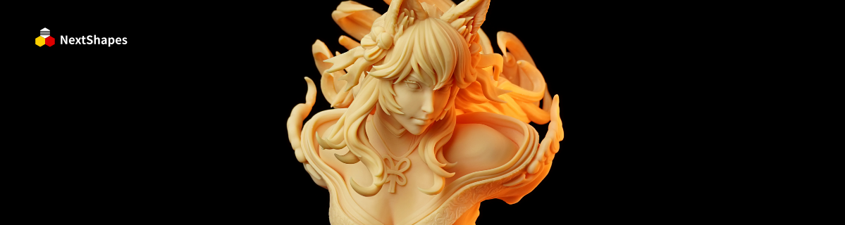 Front view of a highly detailed League of Legends Ahri bust, 3D printed with NextShapes Standard Pro rigid resin, showcasing crisp hair, ear, and sash textures against a black background.