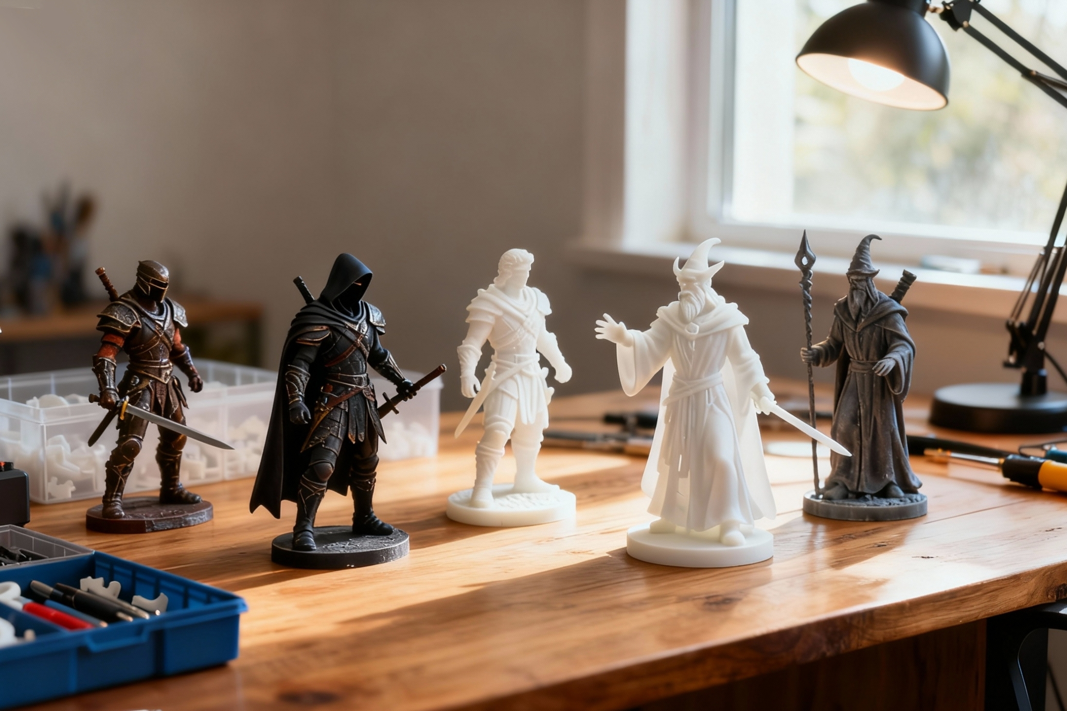 Painted and unpainted 3D printed fantasy warrior and wizard figures made with NextShapes Standard Pro Resin, arranged on a modeler’s workbench
