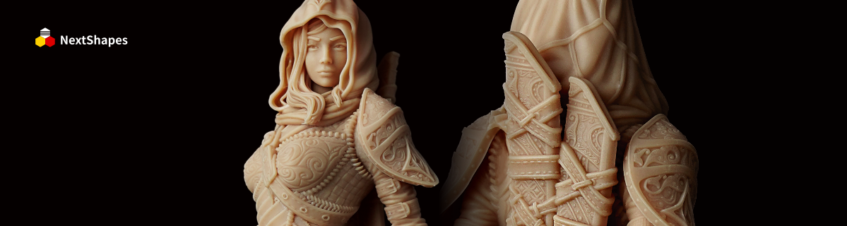 Close-up of a highly detailed fantasy figurine bust, 3D printed with NextShapes Standard Pro rigid resin, showcasing intricate armor textures, fabric folds, and smooth surface finish against a black background.