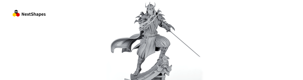 Full view of a highly detailed warrior figurine 3D printed with NextShapes Standard Pro rigid resin, showcasing dynamic pose, intricate armor, and smooth surface finish against a white background.