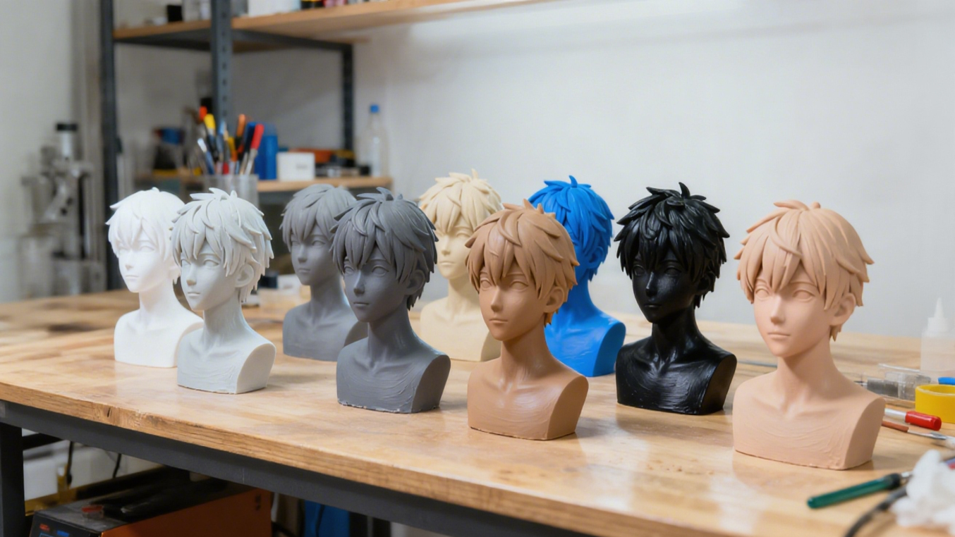 3D printed anime character head models in multiple colors, created with NextShapes Standard Pro Resin, showing consistent detail across different resin hues