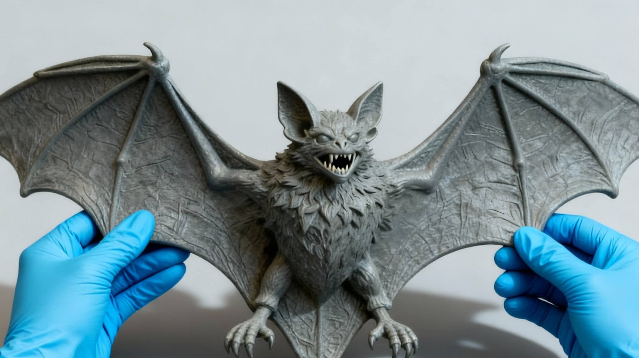 Unpainted 3D printed bat character model held by gloved hands, demonstrating NextShapes Standard Pro Resin’s strength and fine detail