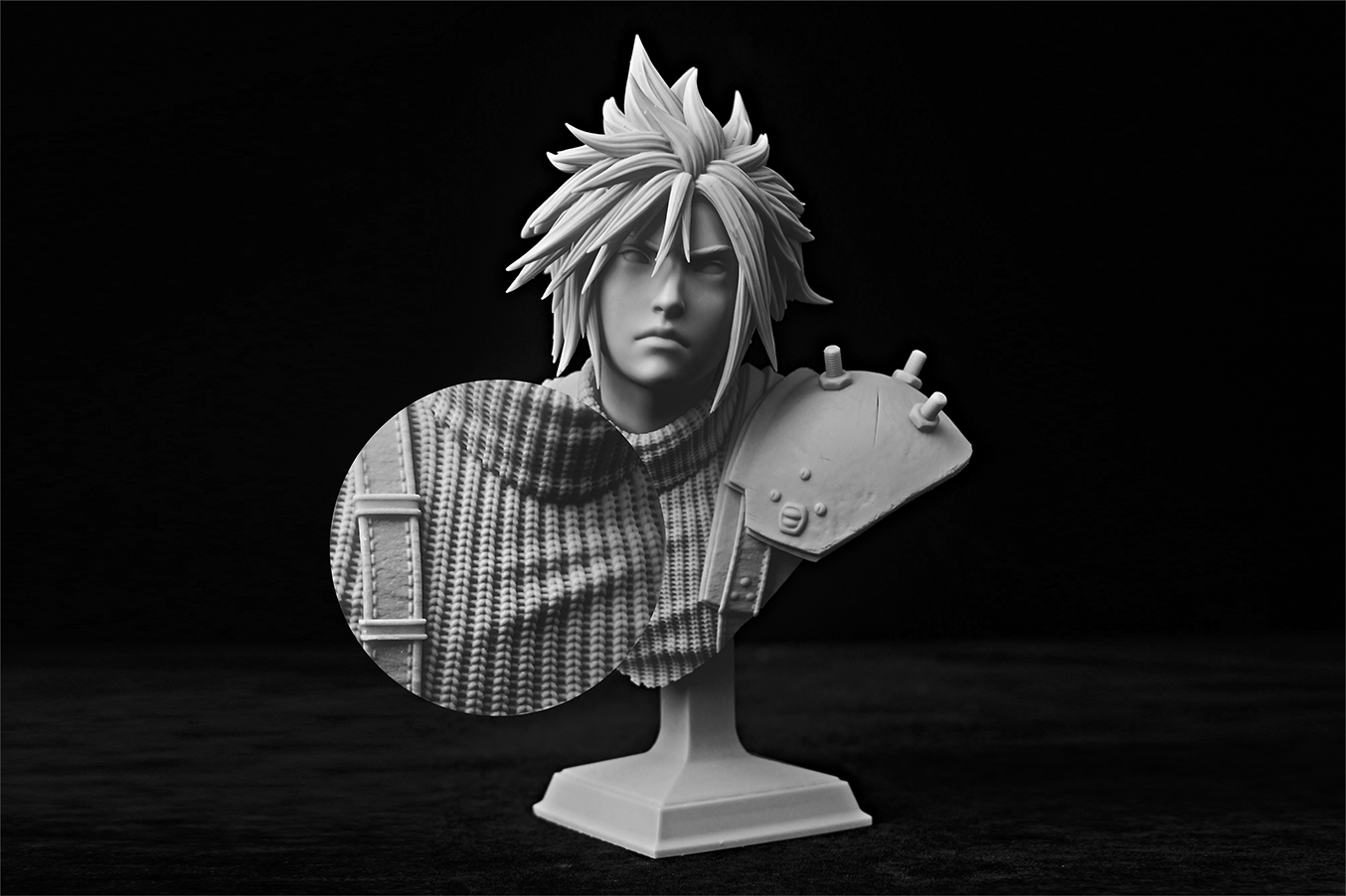 Side-by-side view of Cloud Strife bust showing smooth vs. textured surface, highlighting NextShapes Standard Pro Resin’s low layer lines and high precision