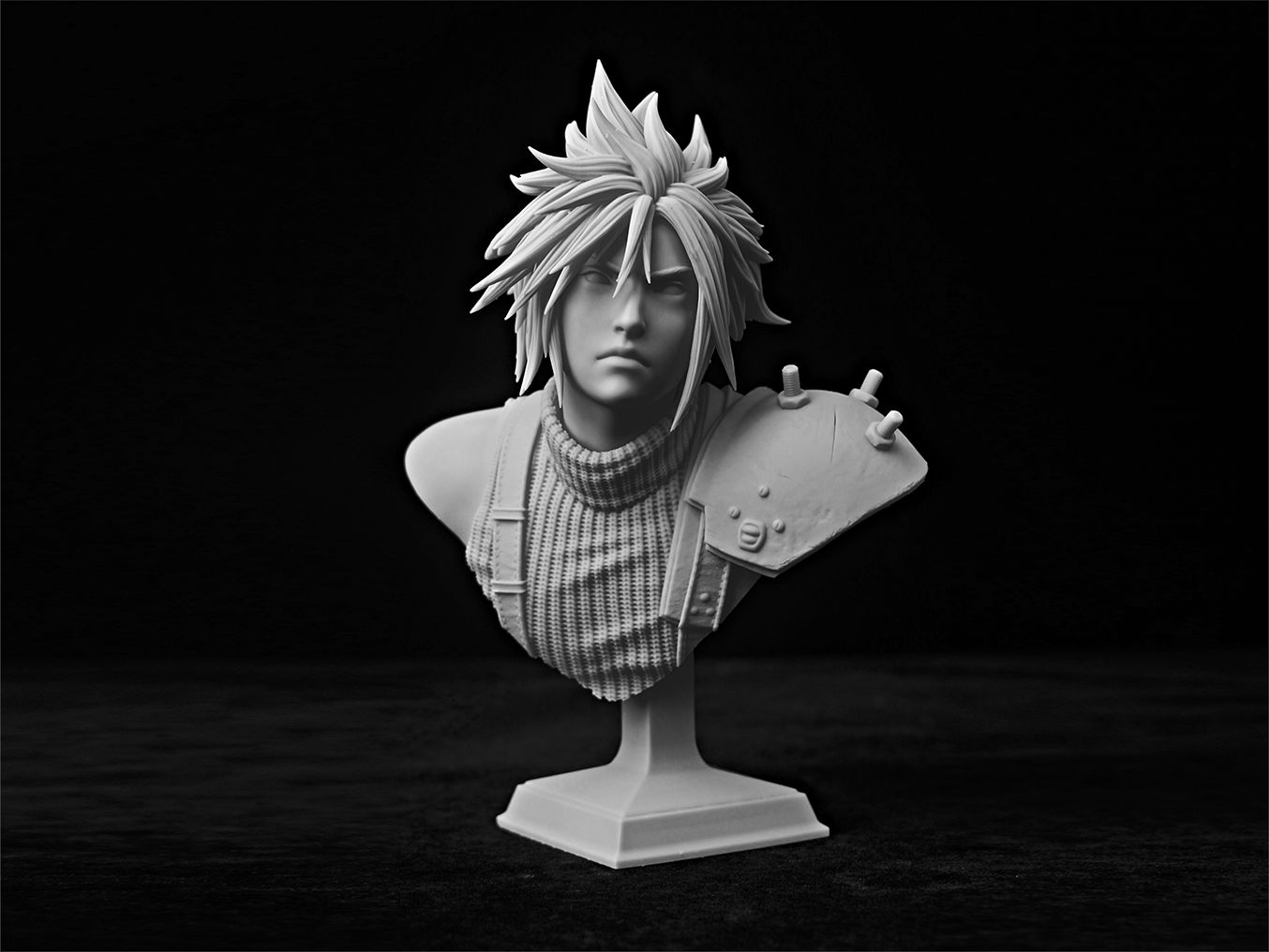 High-detail 3D printed bust of Cloud Strife, showing crisp hair texture and smooth finishes achieved with NextShapes Standard Pro Resin