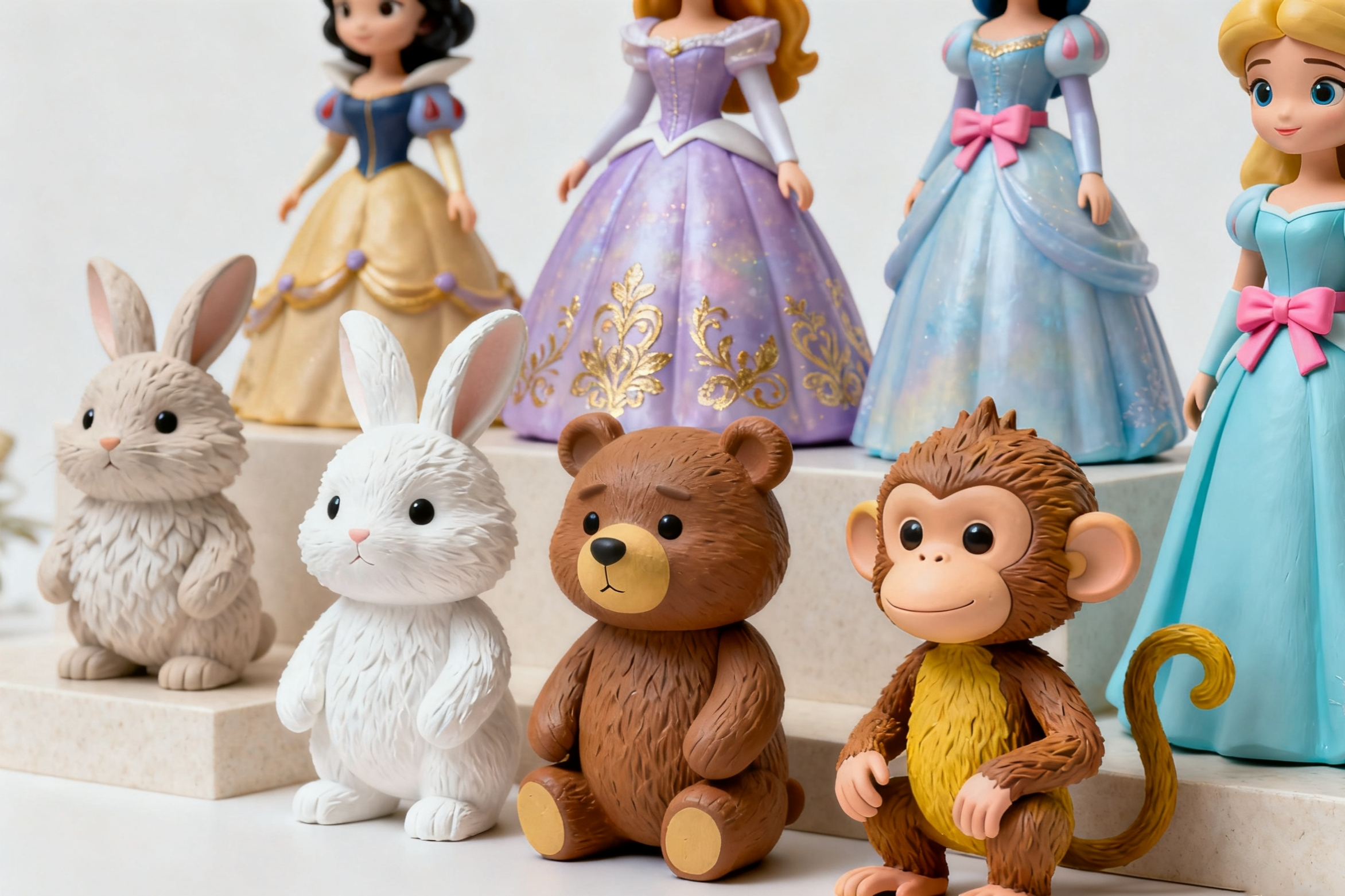 Colorful 3D printed Disney princess figurines and cute animal characters made with NextShapes Standard Pro Resin, demonstrating the resin’s smooth surface and vibrant finish potential
