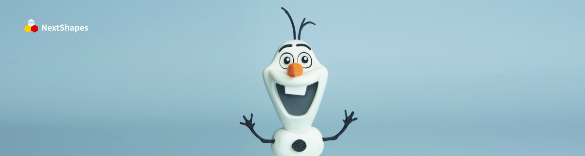Close-up of the 3D printed Olaf figurine's face, created with NextShapes Standard PLA filament, highlighting smooth surface finish and crisp detail reproduction.