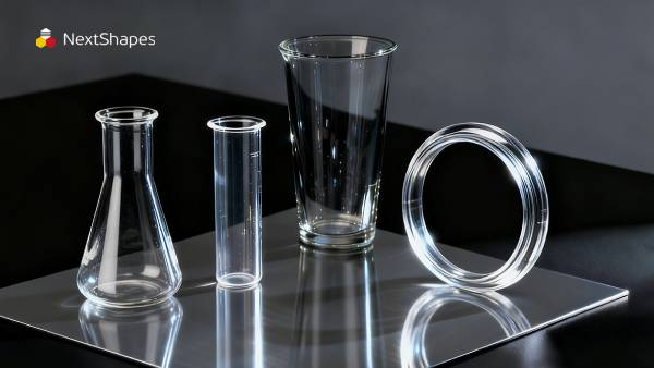3D printed labware (flask, cylinder, cup, ring) made with NextShapes Precision Clear Resin, showcasing glass-like transparency and smooth surface finish