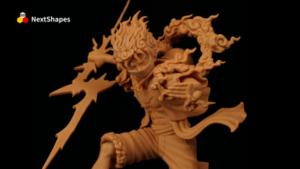 Full view of the 3D printed One Piece Luffy model, created with NextShapes 12K Pro resin, showcasing the dynamic pose and detailed textures of the Sun God Nika form against a black background.