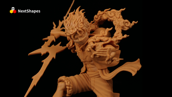 Full view of the 3D printed One Piece Luffy model, created with NextShapes 12K Pro resin, showcasing the dynamic pose and detailed textures of the Sun God Nika form against a black background.