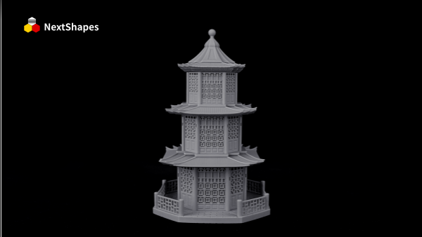 Front view of a multi-tiered pagoda model, 3D printed with NextShapes High Speed Resin, showcasing crisp architectural details and clean finish against a black background.