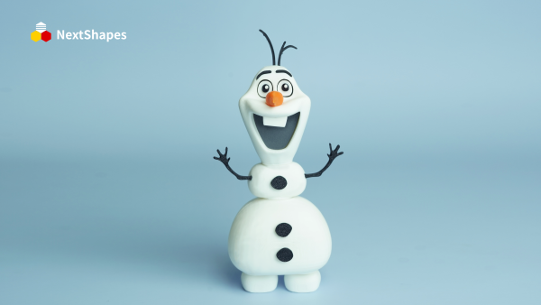 Close-up of the 3D printed Olaf figurine's face, created with NextShapes Standard PLA filament, highlighting smooth surface finish and crisp detail reproduction.