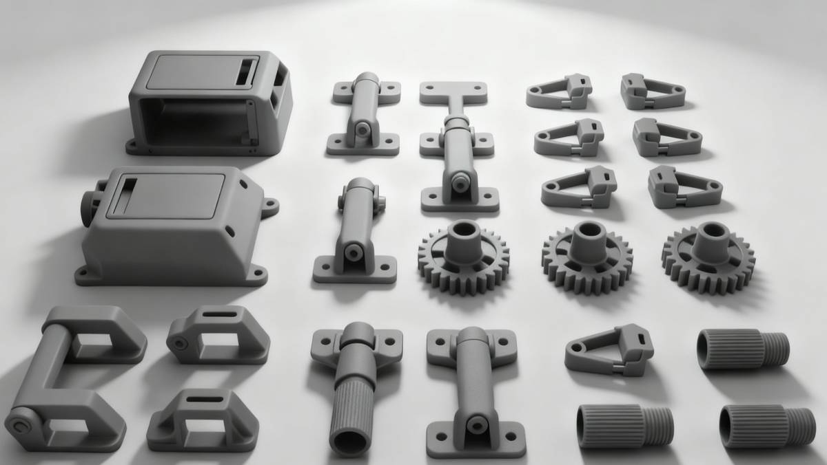 Collection of grey SLA 3D printed mechanical components, including housings, hinges, gears, and connectors, showcasing high precision and smooth surface finish