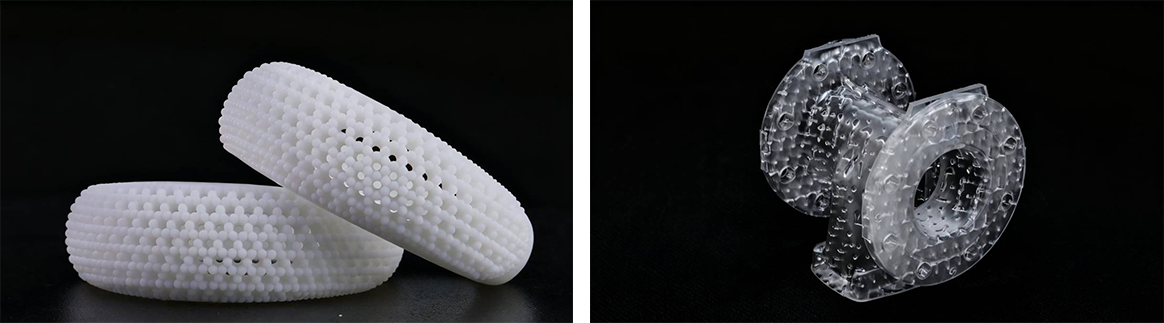White SLA 3D printed lattice-structured components, highlighting the technology’s ability to reproduce complex geometries and internal details