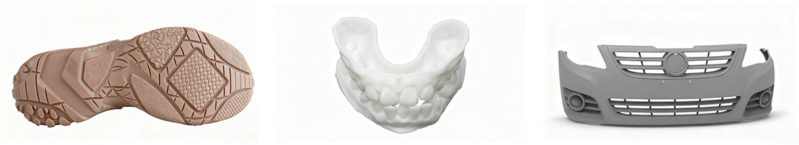 SLA 3D printed parts for footwear, dental, and automotive applications, demonstrating versatility across industries