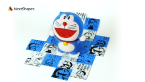3D printed Doraemon figure made with NextShapes Standard PLA filament, showing smooth surfaces and precise details.
