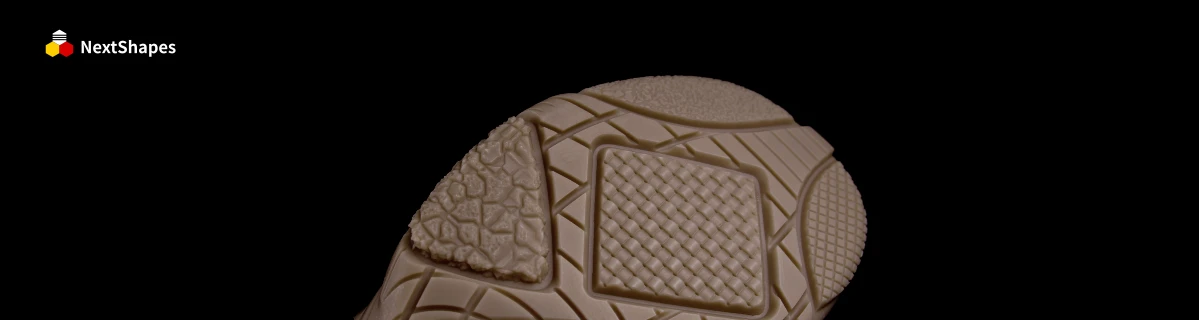 Close-up view of 3D printed shoe sole mold made with NextShapes MS1920 shoe mold & head sculpture resin, showing smooth surface, delicate texture, and detailed tread patterns
