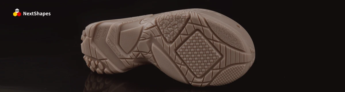 Full view of 3D printed shoe sole mold made with NextShapes MS1920 resin, demonstrating high precision, precise dimensions, and intricate anti-slip tread design