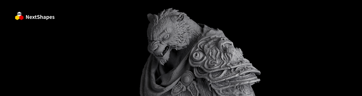Close-up shot of the Tiger Vanguard miniature's head and shoulder, 3D printed with NextShapes Rigid Pro PLA filament, highlighting sharp teeth, fine fur texture, and intricate armor carvings.