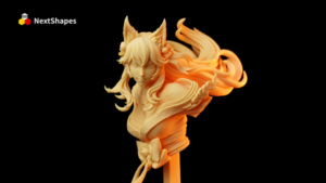 Side view of the Ahri 3D printed bust made with NextShapes Standard Pro resin, highlighting intricate hair flow, facial features, and smooth, detail-rich surfaces.