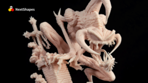 High-detail 3D printed demon sculpture made with NextShapes Standard Pro light skin resin, showing sharp textures, rigid parts, and vivid detail reproduction.