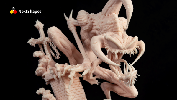 High-detail 3D printed demon sculpture made with NextShapes Standard Pro light skin resin, showing sharp textures, rigid parts, and vivid detail reproduction.
