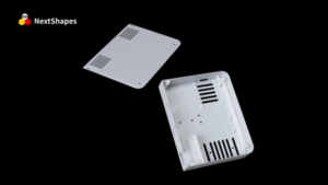 NextShapes 8111X white 3D printing resin prototype parts for audio equipment, showing clean, high-precision 3D prints with smooth surfaces.