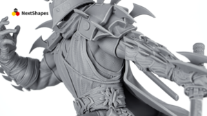 Close-up of the warrior figurine's armor 3D printed with NextShapes Standard Pro resin, highlighting crisp textures, fine details, and exceptional detail reproduction.