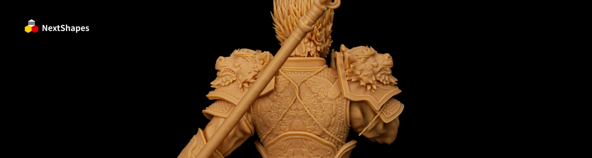 Back close-up of the Wukong 3D printed bust, made with NextShapes 8K Pro Red Wax Resin, highlighting intricate armor patterns, hair texture, and sharp detail reproduction.