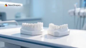 Clinical display of 3D printed maxillary and mandibular dental arch models made with NextShapes Precision Stone, showcasing clean white aesthetic, high dimensional accuracy, and anatomical clarity
