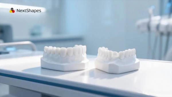 Clinical display of 3D printed maxillary and mandibular dental arch models made with NextShapes Precision Stone, showcasing clean white aesthetic, high dimensional accuracy, and anatomical clarity