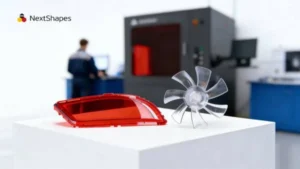 Industrial display of 3D printed transparent fan and red lens made with NextShapes Precision Clear, showcasing high optical clarity and dimensional stability