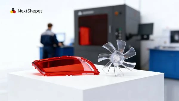 Industrial display of 3D printed transparent fan and red lens made with NextShapes Precision Clear, showcasing high optical clarity and dimensional stability