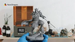 Display of 3D printed ancient warrior anime figure made with NextShapes Standard Pro Resin, showcasing high detail fidelity, balanced strength & toughness, and smooth surface finish