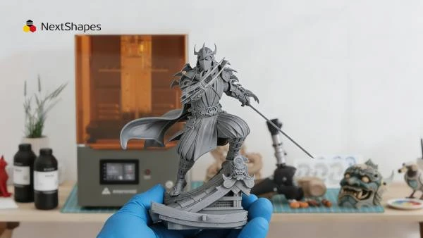 Display of 3D printed ancient warrior anime figure made with NextShapes Standard Pro Resin, showcasing high detail fidelity, balanced strength & toughness, and smooth surface finish