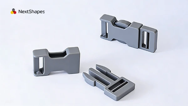 Display of 3D printed buckle component functional parts made with NextShapes Precision ABS, highlighting low-temperature toughness and assembly compatibility
