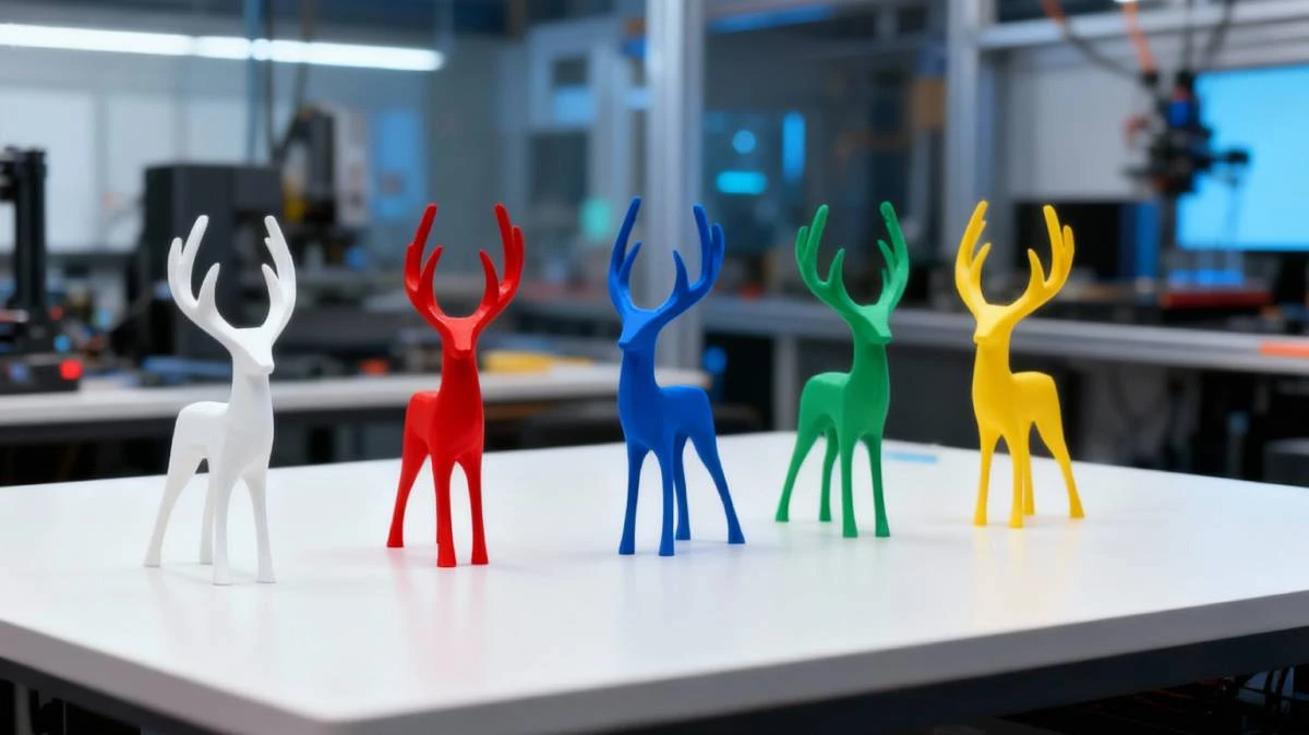 Display of 3D printed colorful deer models made with NextShapes PETG HF filament, showcasing vibrant color options and smooth surface finish